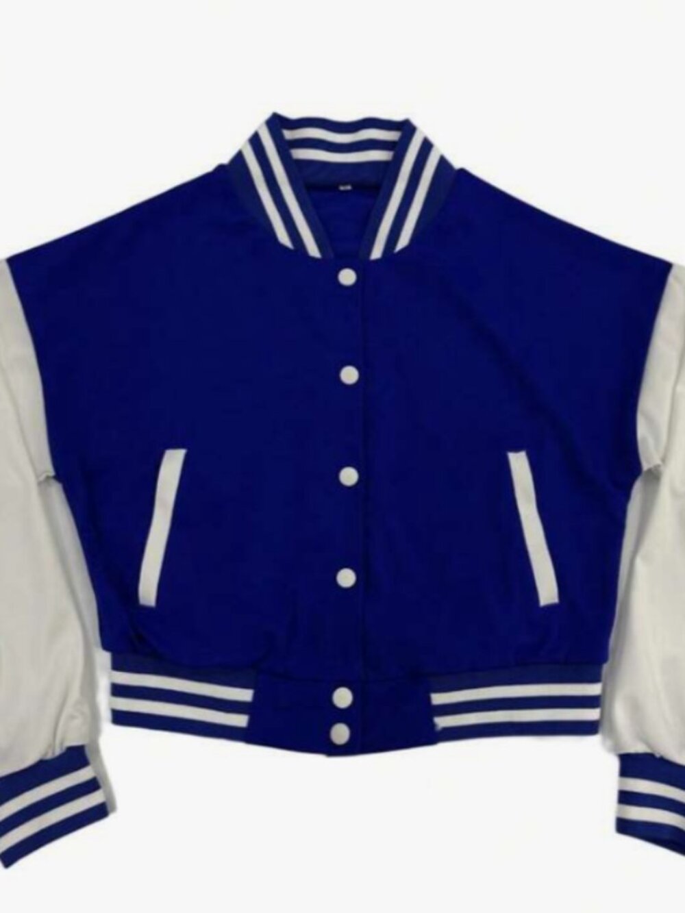 Blue & White  Light Weight Cropped Varsity Jacket Snap Front Bomber - Picture 3 of 4